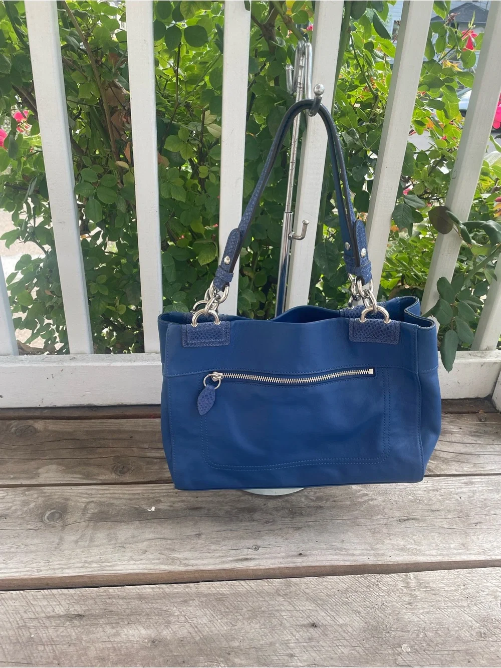 Coach Blue Leather-Trim Shoulder Tote with Turnlock